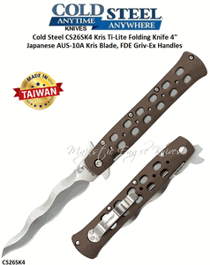 Cold Steel Knives CS26SK4 Kris Ti-Lite Folding Knife 4" Japanese AUS-10A Kris Blade, FDE Griv-Ex Handles