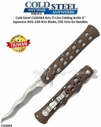 Cold Steel Knives CS26SK4 Kris Ti-Lite Folding Knife 4" Japanese AUS-10A Kris Blade, FDE Griv-Ex Handles