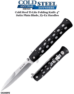 Cold Steel Knives CS26SPZ Ti-Lite, 4" Folding Knife, Spear Point, Plain Edge Zy-Ex Handles
