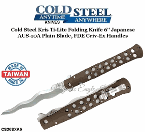 Cold Steel Knives CS26SXK6 Cold Steel Kris Ti-Lite Folding Knife 6" Japanese AUS-10A Plain Blade, FDE Griv-Ex Handles 
