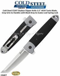 Cold Steel Knives CS26T Oyabun Flipper Knife 3.5" 4034 Tanto Plain Blade, Gray Griv-Ex Handles with Black Kray-Ex Scales Leaf-Spring Lock