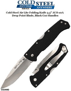  Cold Steel Knives CS26WD Air Lite Folding Knife 3.5" AUS-10A Drop Point Blade, Black G10 Handles