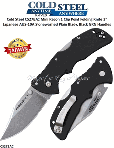 Cold Steel Knives CS27BAC Mini Recon 1 Clip Point Folding Knife 3" Japanese AUS-10A Stonewashed Plain Blade, Black GRN Handles