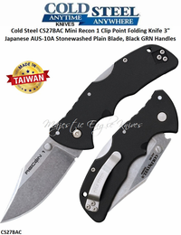 Cold Steel Knives CS27BAC Mini Recon 1 Clip Point Folding Knife 3" Japanese AUS-10A Stonewashed Plain Blade, Black GRN Handles