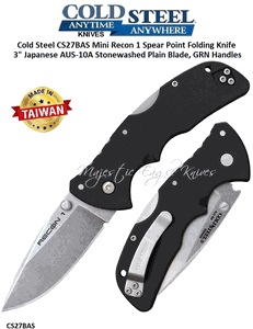 Cold Steel Knives CS27BAS Mini Recon 1 Spear Point Folding Knife 3" Japanese AUS-10A Stonewashed Plain Blade, GRN Handles