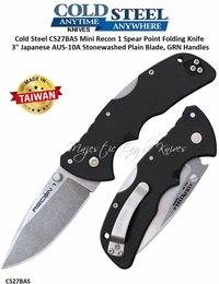Cold Steel Knives CS27BAS Mini Recon 1 Spear Point Folding Knife 3" Japanese AUS-10A Stonewashed Plain Blade, GRN Handles