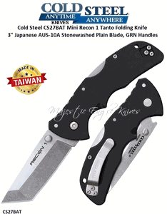 Cold Steel Knives CS27BAT Mini Recon 1 Tanto Folding Knife 3" Japanese AUS-10A Stonewashed Plain Blade, GRN Handles