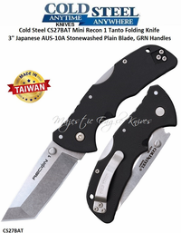 Cold Steel Knives CS27BAT Mini Recon 1 Tanto Folding Knife 3" Japanese AUS-10A Stonewashed Plain Blade, GRN Handles