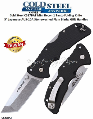 Cold Steel Knives CS27BAT Mini Recon 1 Tanto Folding Knife 3" Japanese AUS-10A Stonewashed Plain Blade, GRN Handles