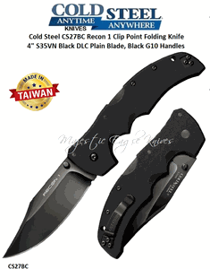 Cold Steel Knives CS27BC Recon 1 Clip Point Folding Knife 4" S35VN Black DLC Plain Blade, Black G10 Handles
