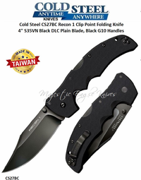 Cold Steel Knives CS27BC Recon 1 Clip Point Folding Knife 4" S35VN Black DLC Plain Blade, Black G10 Handles