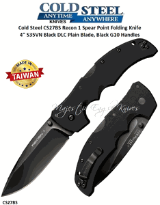 Cold Steel Knives CS27BS Recon 1 Spear Point Folding Knife 4" S35VN Black DLC Plain Blade, Black G10 Handles
