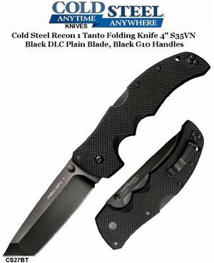  Cold Steel Knives CS27BT Recon 1 Tanto Folding Knife 4" S35VN Black DLC Plain Blade, Black G10 Handles