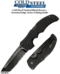  Cold Steel Knives CS27BTH Recon 1 Tanto Folding Knife 4" S35VN Black DLC Combo Blade, Black G10 Handles
