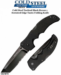  Cold Steel Knives CS27BTH Recon 1 Tanto Folding Knife 4" S35VN Black DLC Combo Blade, Black G10 Handles