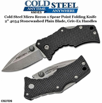 Cold Steel Knives CS27DS Micro Recon 1 Spear Point Folding Knife 2" 4034 Stonewashed Plain Blade, Griv-Ex Handles