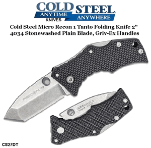  Cold Steel Knives CS27DT Micro Recon 1 Tanto Folding Knife 2" 4034 Stonewashed Plain Blade, Griv-Ex Handles