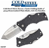  Cold Steel Knives CS27DT Micro Recon 1 Tanto Folding Knife 2" 4034 Stonewashed Plain Blade, Griv-Ex Handles