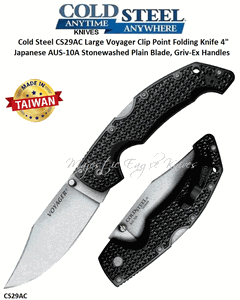 Cold Steel Knives CS29AC Large Voyager Clip Point Folding Knife 4" Japanese AUS-10A Stonewashed Plain Blade, Griv-Ex Handles