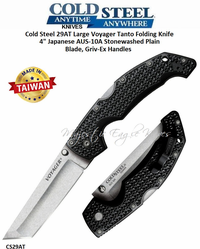 Cold Steel Knives CS29AT Large Voyager Tanto Folding Knife 4" Japanese AUS-10A Stonewashed Plain Blade, Griv-Ex Handles