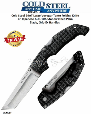 Cold Steel Knives CS29AT Large Voyager Tanto Folding Knife 4" Japanese AUS-10A Stonewashed Plain Blade, Griv-Ex Handles