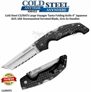 Cold Steel Knives CS29ATS Large Voyager Tanto Folding Knife 4" Japanese AUS-10A Stonewashed Serrated Blade, Griv-Ex Handles Cold Steel Knives CS29ATS Large Voyager Tanto Folding Knife 4" Japanese AUS-10A Stonewashed Serrated Blade, Griv-Ex Handles