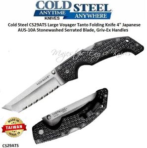 Cold Steel Knives CS29ATS Large Voyager Tanto Folding Knife 4" Japanese AUS-10A Stonewashed Serrated Blade, Griv-Ex Handles Cold Steel Knives CS29ATS Large Voyager Tanto Folding Knife 4" Japanese AUS-10A Stonewashed Serrated Blade, Griv-Ex Handles