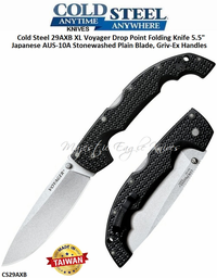 Cold Steel Knives CS29AXB XL Voyager Drop Point Folding Knife 5.5" Japanese AUS-10A Stonewashed Plain Blade, Griv-Ex Handles