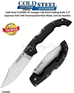 Cold Steel Knives CS29AXC XL Voyager Clip Point Folding Knife 5.5" Japanese AUS-10A Stonewashed Plain Blade, Griv-Ex Handles