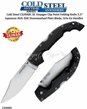 Cold Steel Knives CS29AXC XL Voyager Clip Point Folding Knife 5.5" Japanese AUS-10A Stonewashed Plain Blade, Griv-Ex Handles
