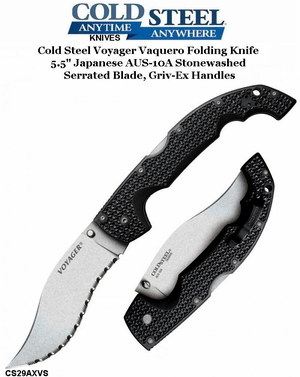 Cold Steel Knives CS29AXVS XL Voyager Vaquero Folding Knife 5.5" Japanese AUS-10A Stonewashed Serrated Blade, Griv-Ex Handles