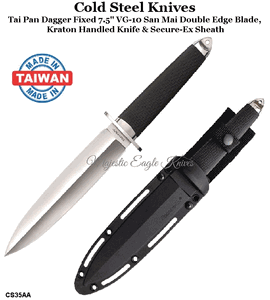 Cold Steel Knives CS35AA Tai Pan Dagger Fixed 7.5" VG-10 San Mai Double Edge Blade, Kraton Handled Knife & Secure-Ex Sheath
