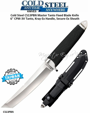 Cold Steel Knives CS13PBN Master Tanto Fixed Blade Knife 6" CPM-3V High Carbon Steel Plain Tanto Blade, Kray-Ex Handle, Secure-Ex Sheath