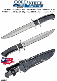 Cold Steel CS35AR Cold Steel Black Bear Classic, Black G10 Handles 13-1/4 Overall 8-1/4" VG-10 San Mai III� steel, Double Edge Clip Point  Plain Blade Secure-Ex Sheath