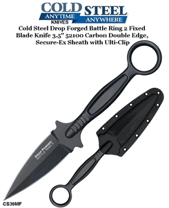 Cold Steel Knives CS36MF Drop Forged Battle Ring 2 Fixed Blade Knife 3.5" 52100 Carbon Double Edge, Secure-Ex Sheath with Ulti-Clip