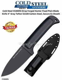 Cold Steel Knives CS36MG Drop Forged Hunter Fixed Plain Blade Knife 4" Gray Teflon 52100 Carbon Steel, Secure-Ex Sheath