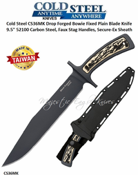 Cold Steel Knives CS36MK Drop Forged Bowie Fixed Plain Blade Knife 9.5" 52100 Carbon Steel, Faux Stag Handles, Secure-Ex Sheath