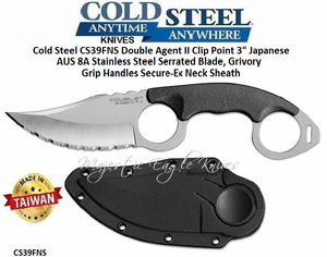 Cold Steel Knives CS39FNS Double Agent II Clip Point 3" Japanese AUS 8A Stainless Steel Serrated Blade, Grivory Grip