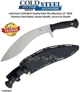 Cold Steel Knives CS39LMC4 Gurkha Kukri Plus Machete 12" 4034 Stainless Steel Plain Blade, Kraton Handle, Secure-Ex Sheath