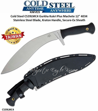 Cold Steel Knives CS39LMC4 Gurkha Kukri Plus Machete 12" 4034 Stainless Steel Plain Blade, Kraton Handle, Secure-Ex Sheath