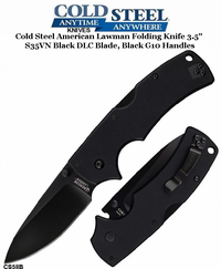 Cold Steel Knives CS58B American Lawman Folding Knife 3.5" S35VN Black DLC Blade, Black G10 Handles