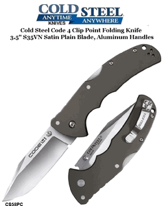 Cold Steel Knives CS58PC Code 4 Clip Point Folding Knife 3.5" S35VN Satin Plain Blade, Aluminum Handles