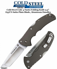 Cold Steel Knives CS58PT Code 4 Tanto Folding Knife 3.5" S35VN Satin Plain Blade, Aluminum Handles