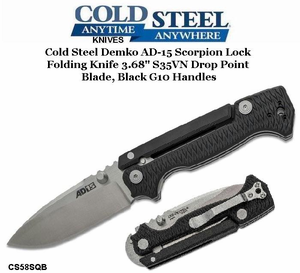 Cold Steel Knives CS58SQB Demko AD-15 Scorpion Lock Folding Knife 3.68" S35VN Drop Point Blade, Black G10 Handles Cold Steel Knives CS58SQB Demko AD-15 Scorpion Lock Folding Knife 3.68" S35VN Drop Point Blade, Black G10 Handles