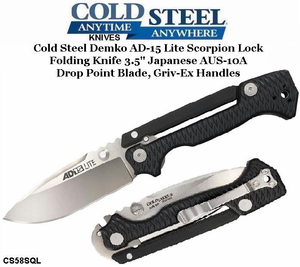 Cold Steel Knives CS58SQL Demko AD-15 Lite Scorpion Lock Folding Knife 3.5" Japanese AUS-10A Drop Point Blade, Griv-Ex Handles Cold Steel Knives CS58SQL Demko AD-15 Lite Scorpion Lock Folding Knife 3.5" Japanese AUS-10A Drop Point Blade, Griv-Ex Handles