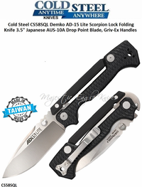 Cold Steel Knives CS58SQL Demko AD-15 Lite Scorpion Lock Folding Pocket Knife 3-1/2" Japanese AUS-10A Drop Point Plain Blade, Griv-Ex Handles