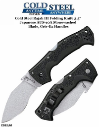 Cold Steel Knives CS62JM Rajah III Folding Knife 3.5" Japanese AUS-10A Stonewashed Blade, Griv-Ex Handles