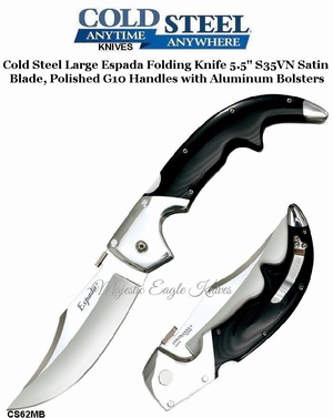 Cold Steel Knives CS62MB Large Espada Folding Knife 5.5" S35VN Satin Blade, Polished G10 Handles with Aluminum Bolsters