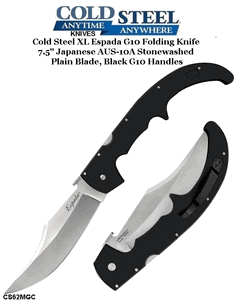 Cold Steel Knives CS62MGC XL Espada G10 Folding Knife 7.5" Japanese AUS-10A Stonewashed Plain Blade, Black G10 Handles