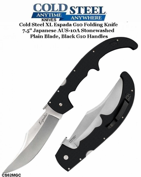 Cold Steel Knives CS62MGC XL Espada G10 Folding Knife 7.5" Japanese AUS-10A Stonewashed Plain Blade, Black G10 Handles Cold Steel Knives CS62MGC XL Espada G10 Folding Knife 7.5" Japanese AUS-10A Stonewashed Plain Blade, Black G10 Handles